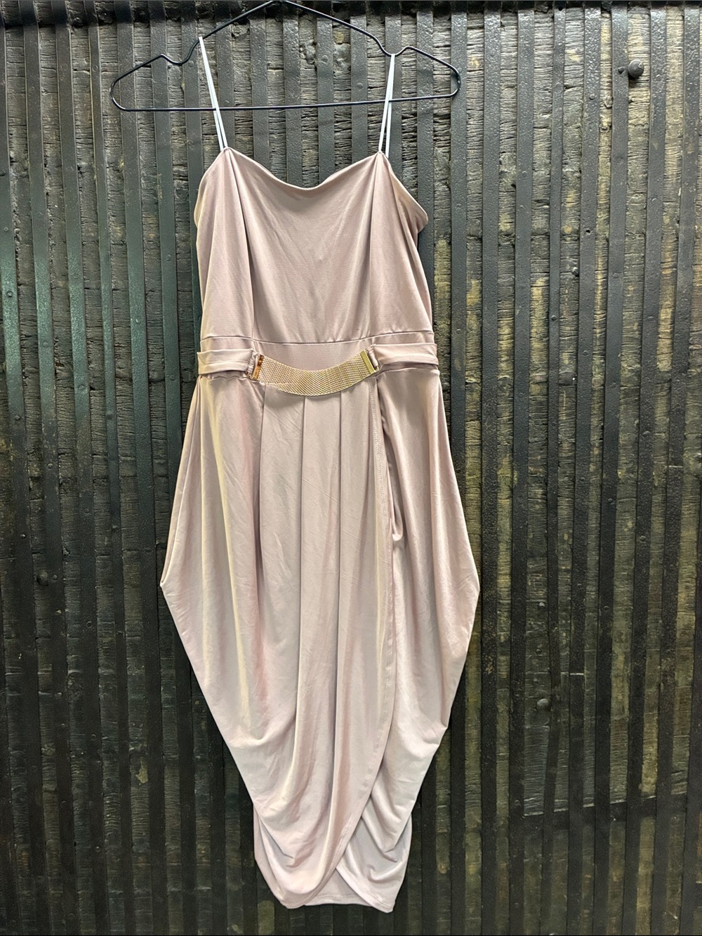 Timing Blush Pink Asymmetrical Draped Slip Dress with Decorative Belt